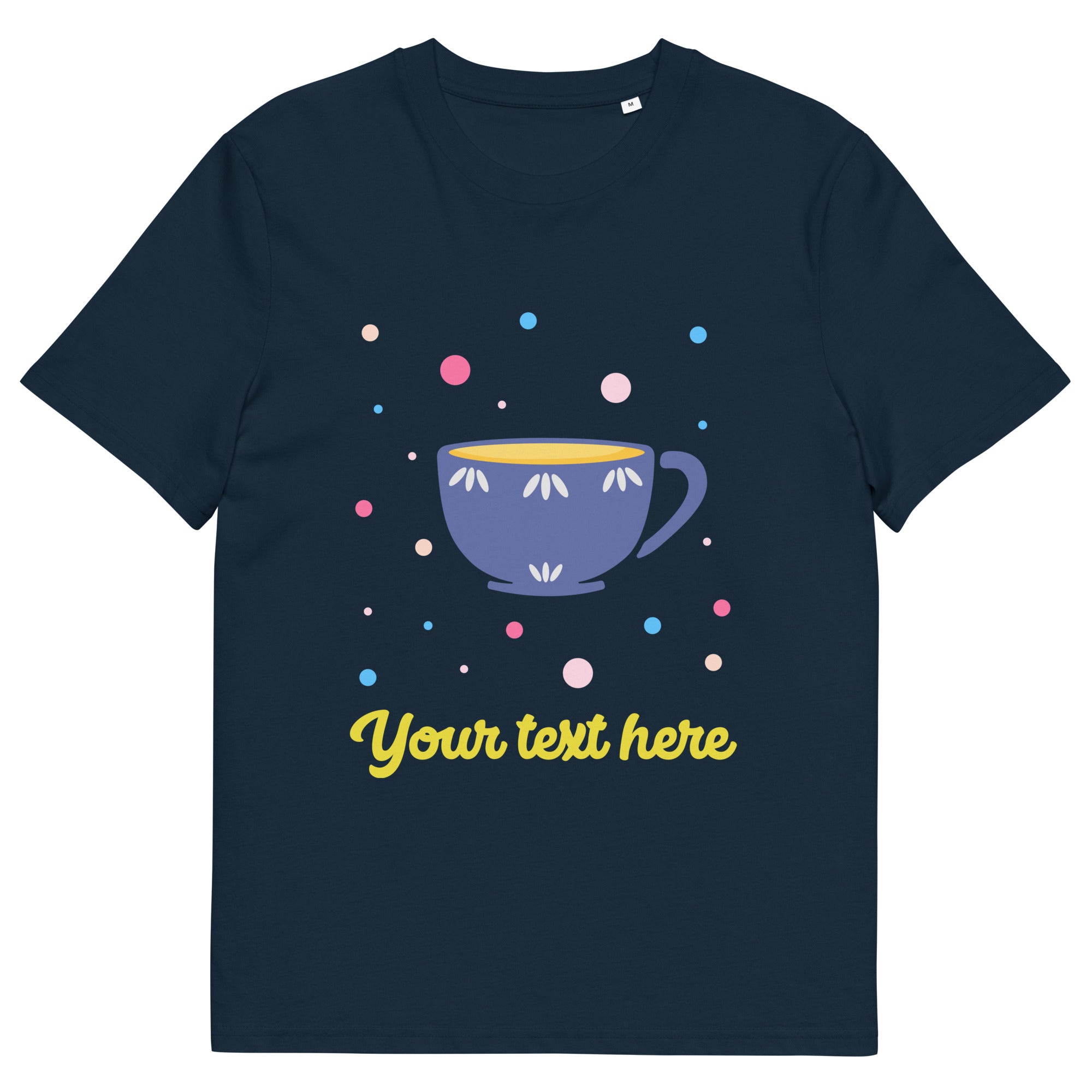 Personalised Custom Text - Organic Cotton Adults Unisex T-Shirt - London Doodles - Cup Of Tea - Navy