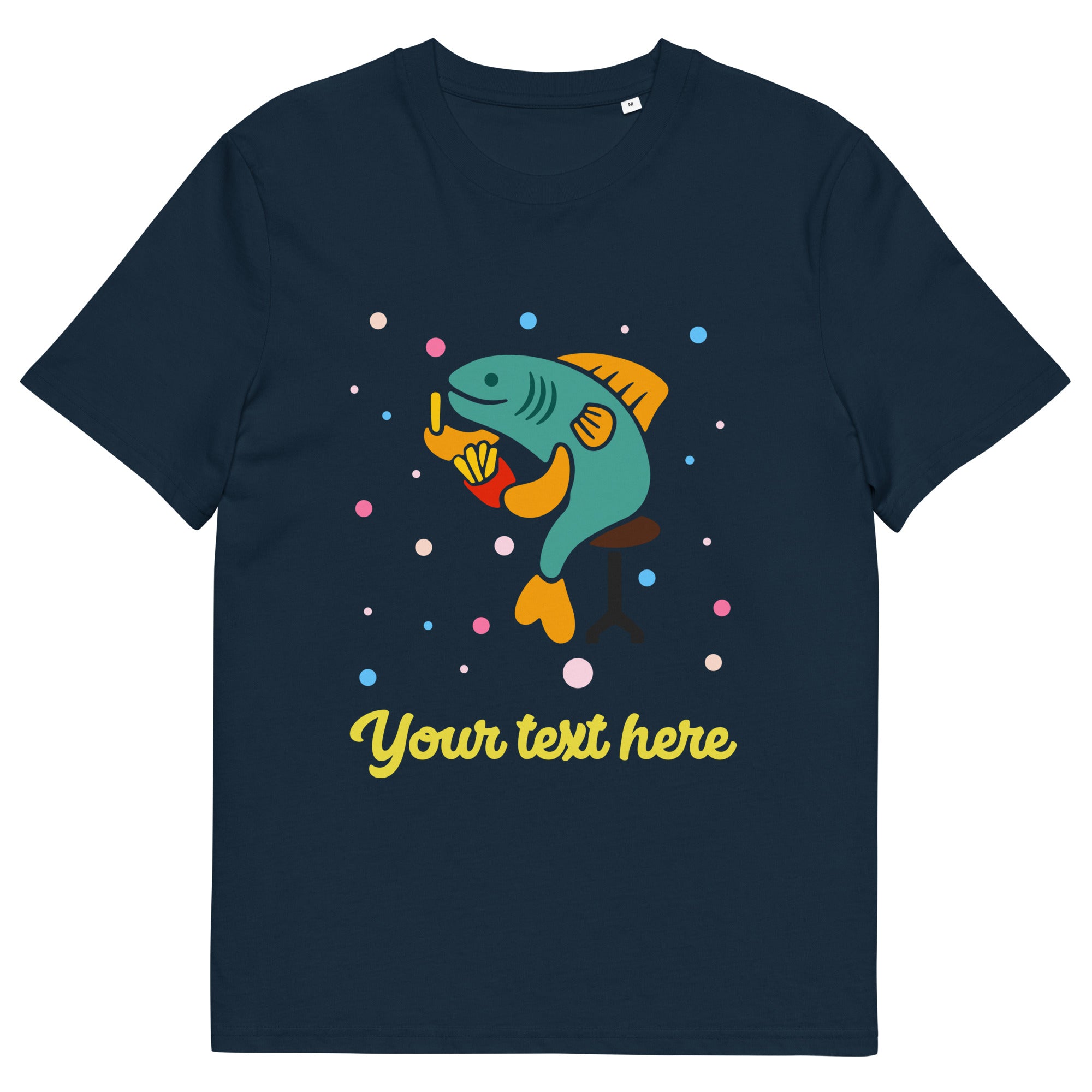 Personalised Custom Text - Organic Cotton Adults Unisex T-Shirt - London Doodles - Fish & Chips - Navy