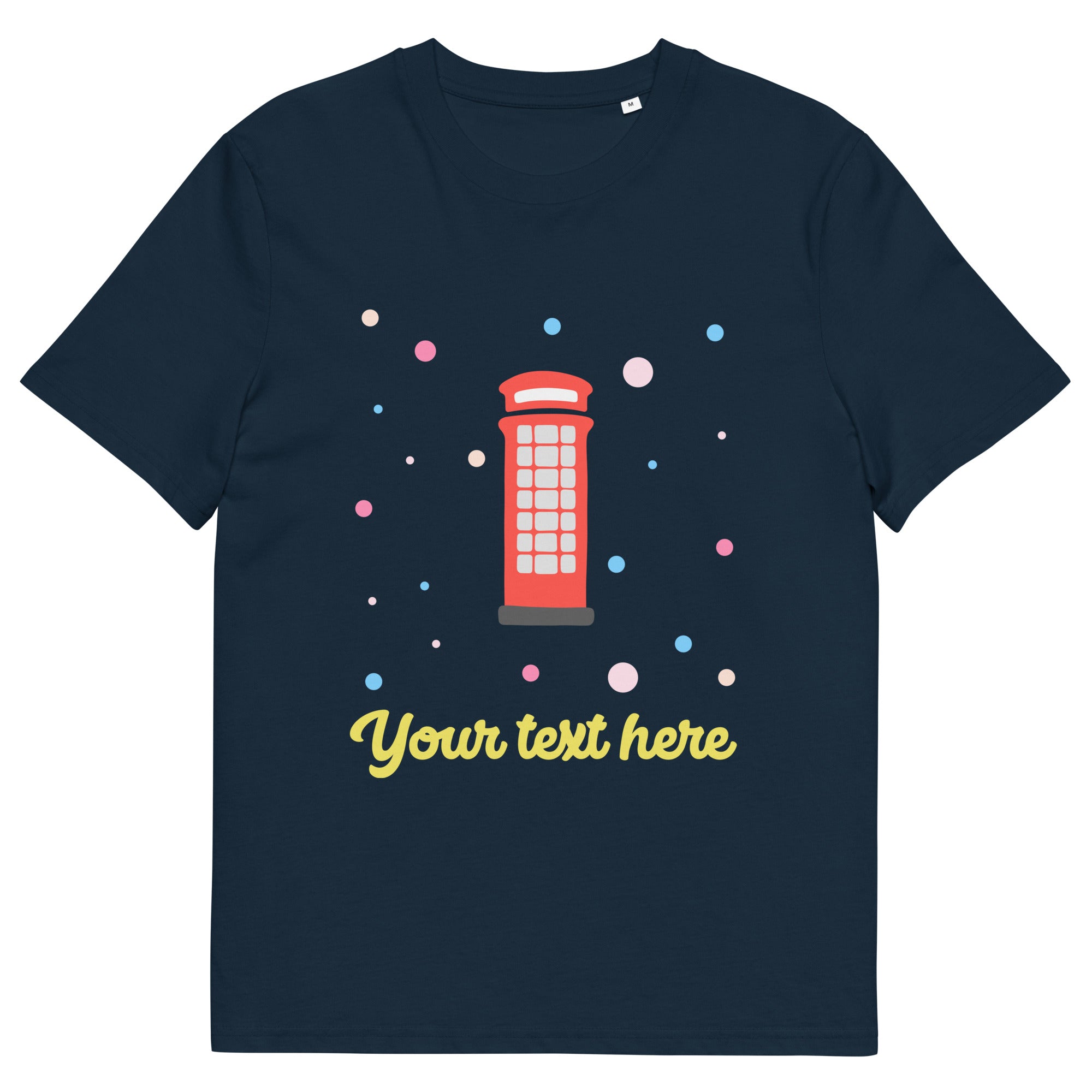 Personalised Custom Text - Organic Cotton Adults Unisex T-Shirt - London Doodles - Telephone Box - Navy