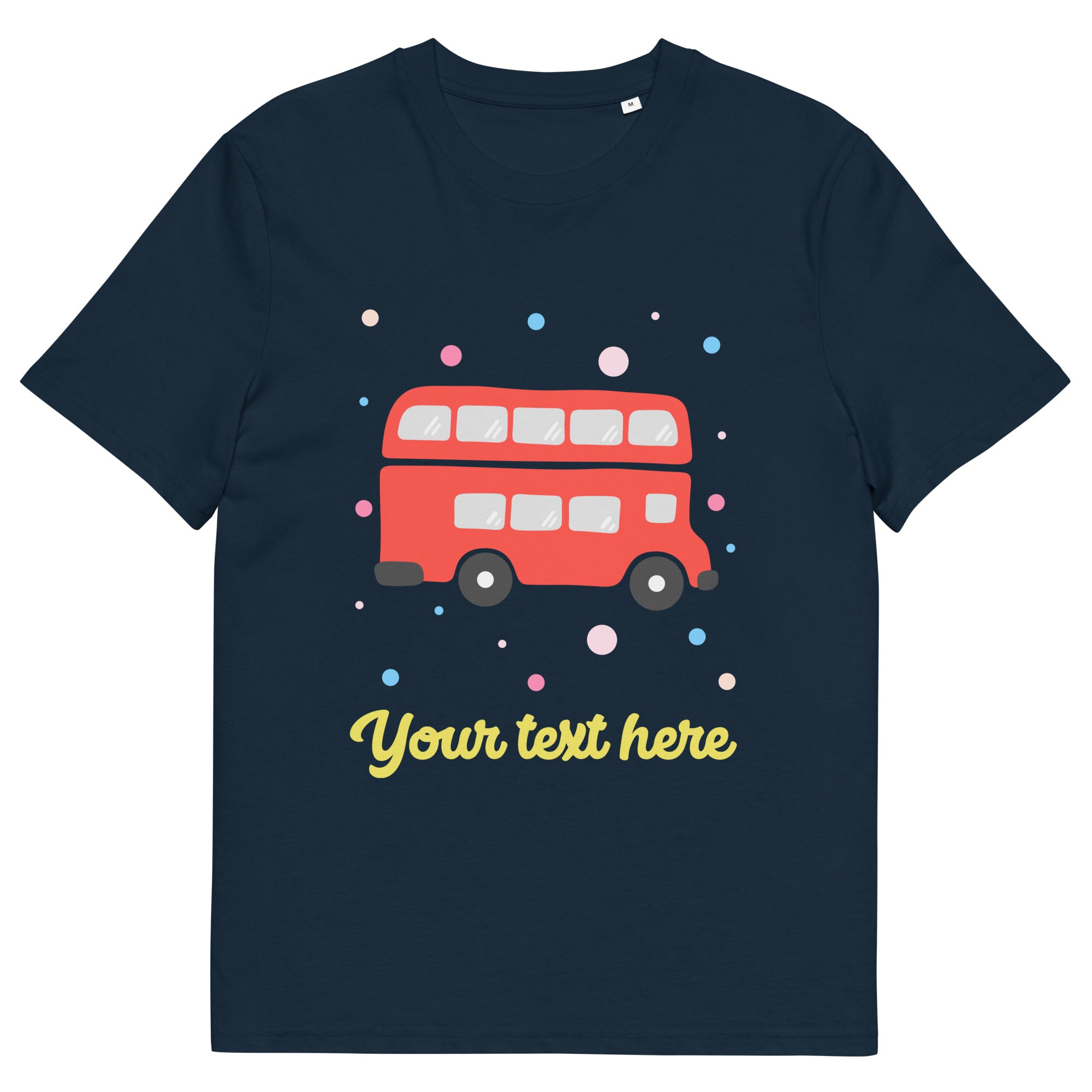 Personalised Custom Text - Organic Cotton Adults Unisex T-Shirt - London Doodles - Red Bus - Navy