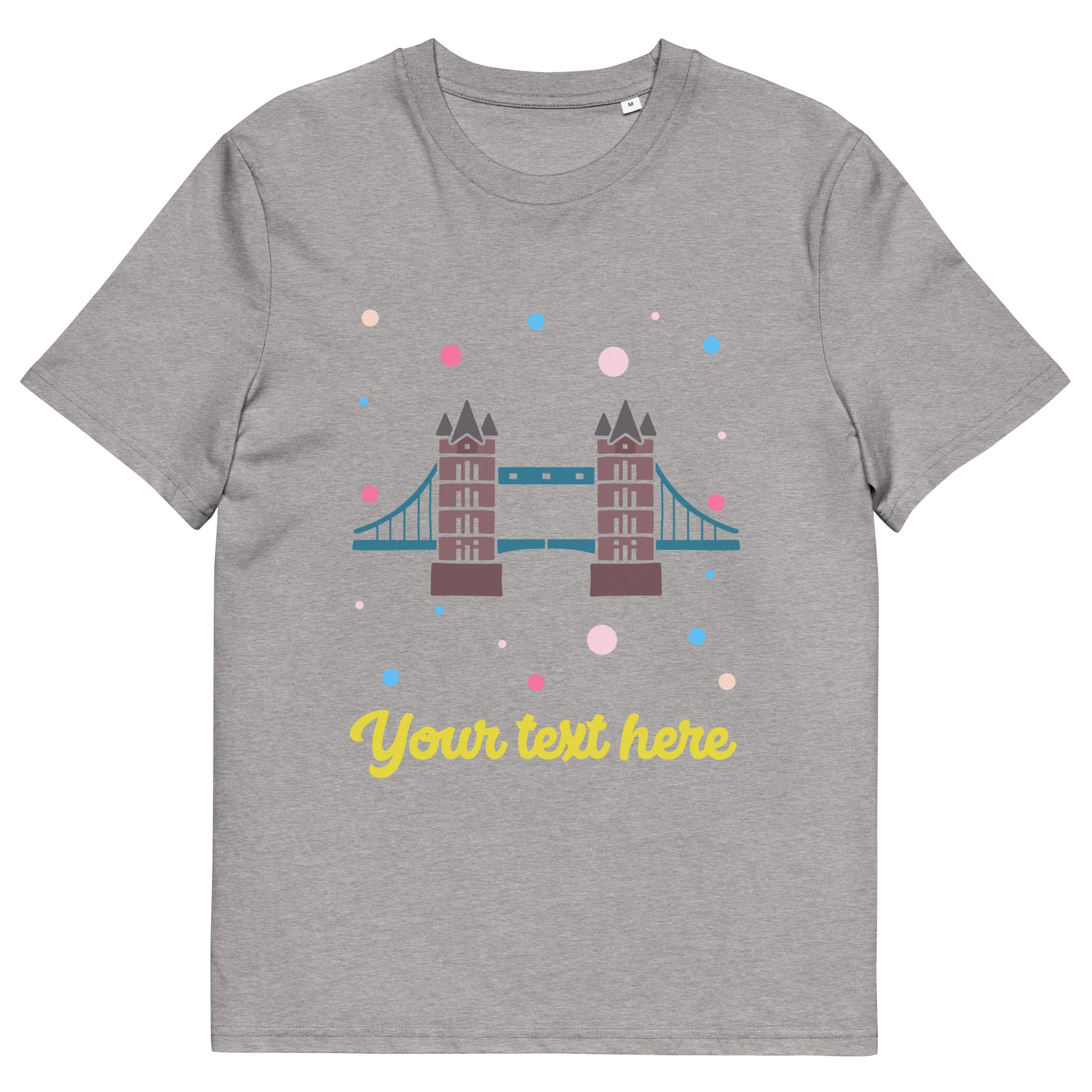 Personalised Custom Text - Organic Cotton Adults Unisex T-Shirt - London Doodles - Tower Bridge - Heath Grey