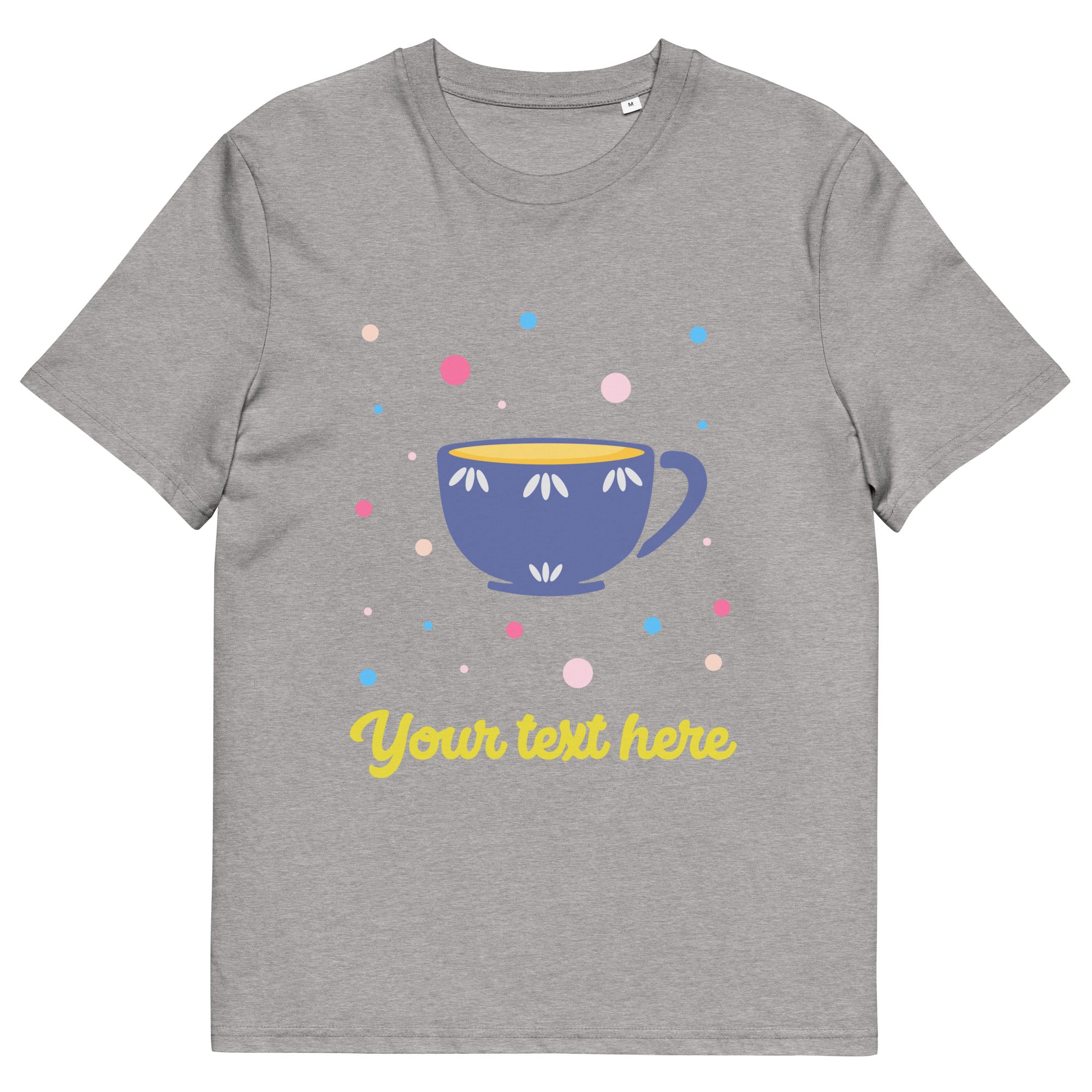 Personalised Custom Text - Organic Cotton Adults Unisex T-Shirt - London Doodles - Cup Of Tea - Heather Grey