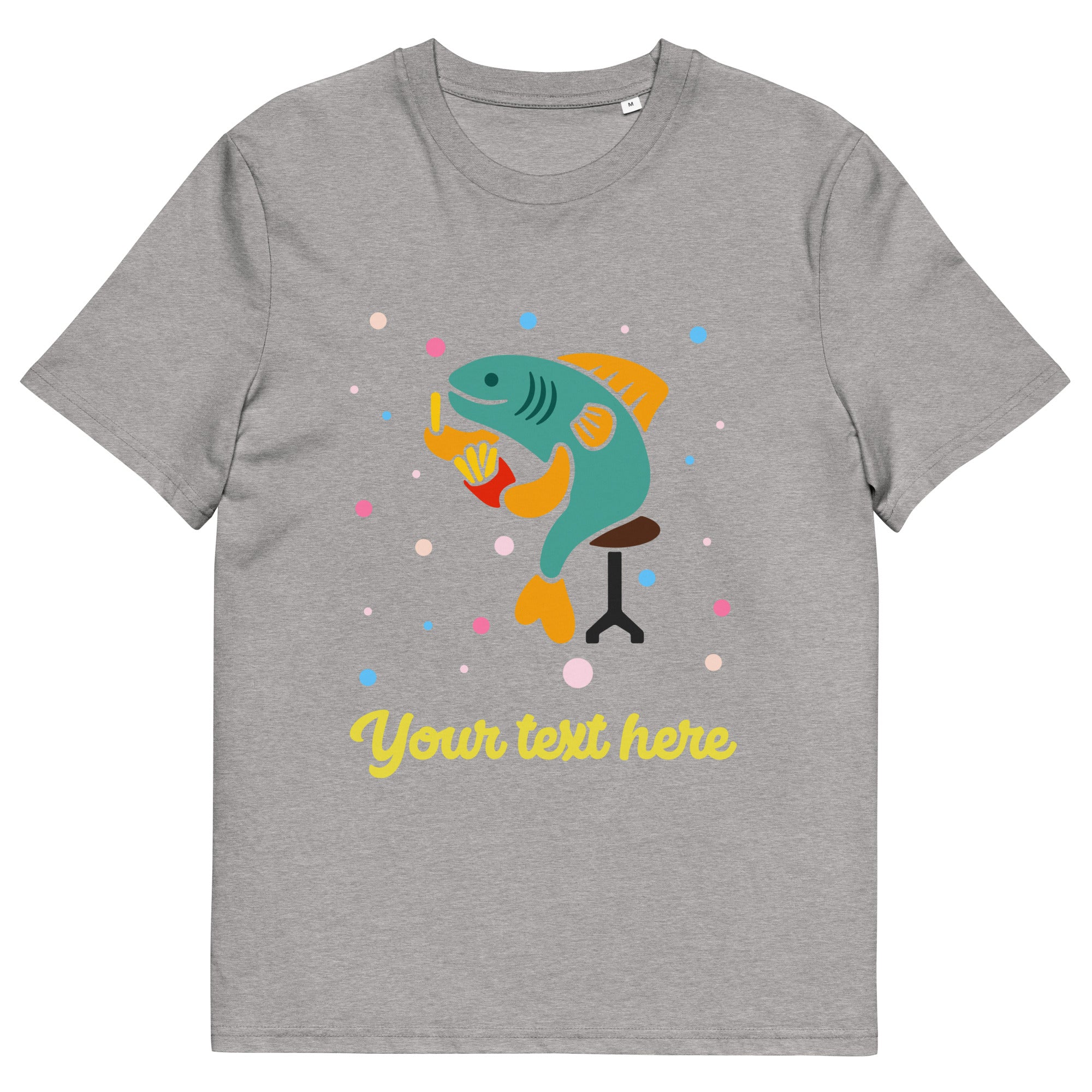 Personalised Custom Text - Organic Cotton Adults Unisex T-Shirt - London Doodles - Fish & Chips - Heather Grey