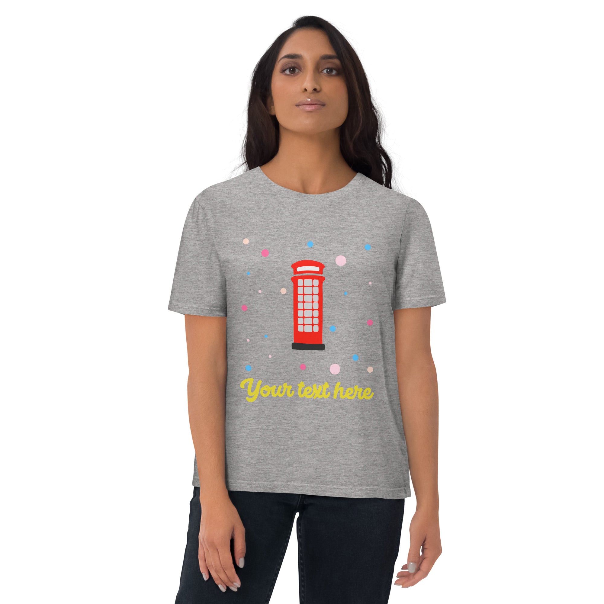 Personalised Custom Text - Organic Cotton Adults Unisex T-Shirt - London Doodles - Telephone Box - Heather Grey 2