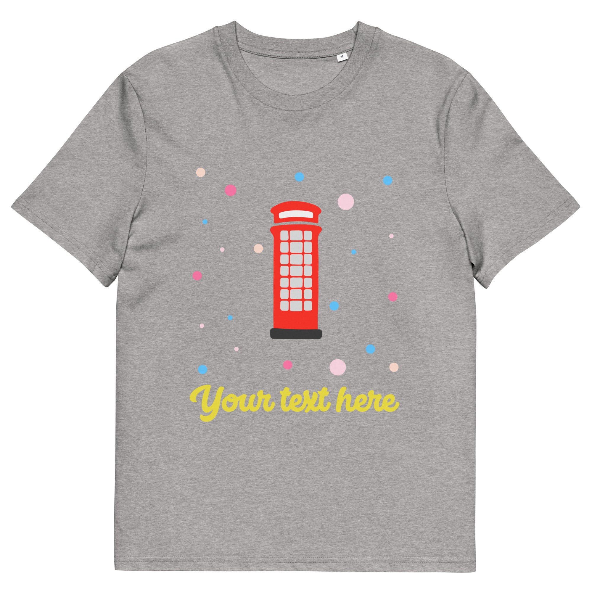 Personalised Custom Text - Organic Cotton Adults Unisex T-Shirt - London Doodles - Telephone Box - Heather Grey