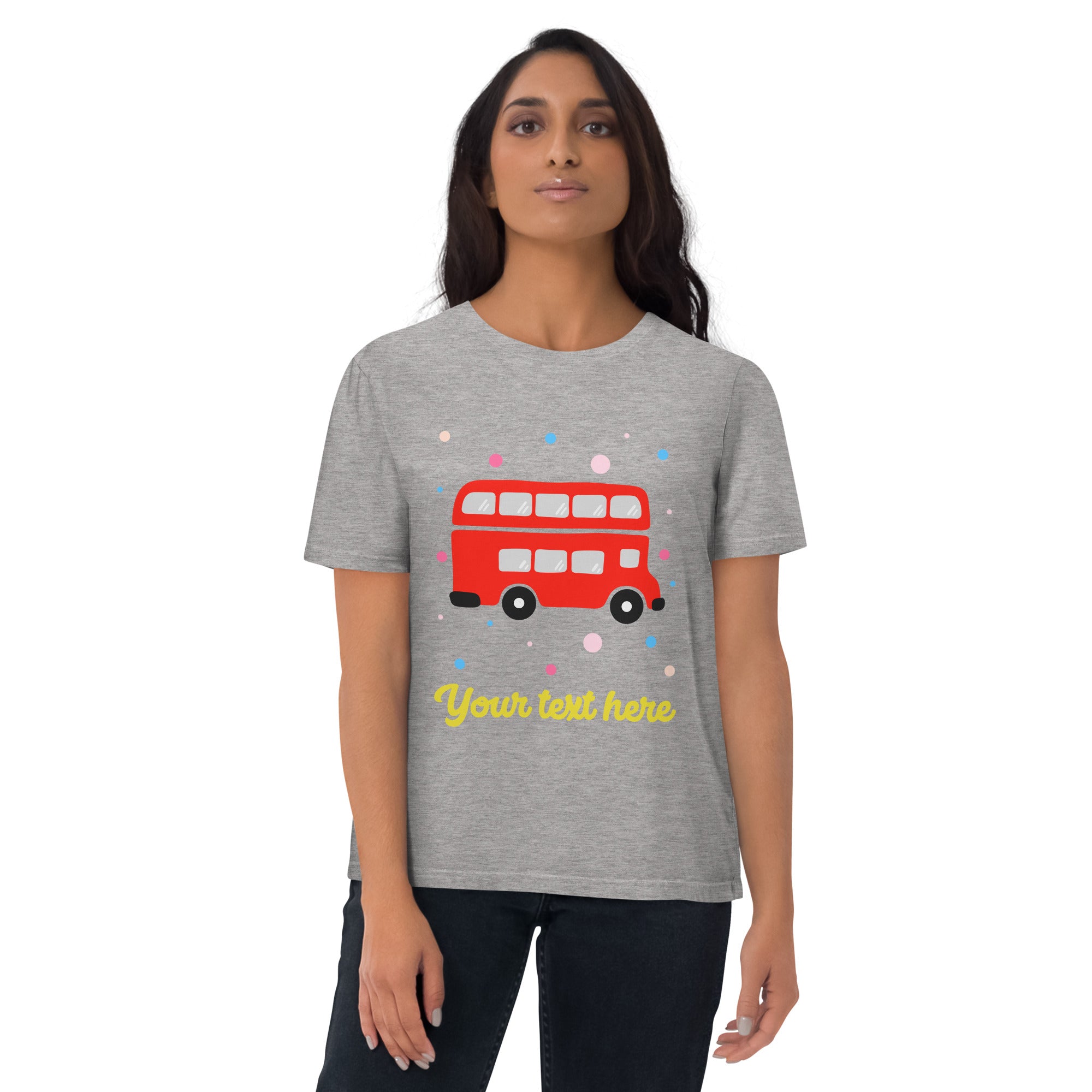 Personalised Custom Text - Organic Cotton Adults Unisex T-Shirt - London Doodles - Red Bus - Heather Grey 2