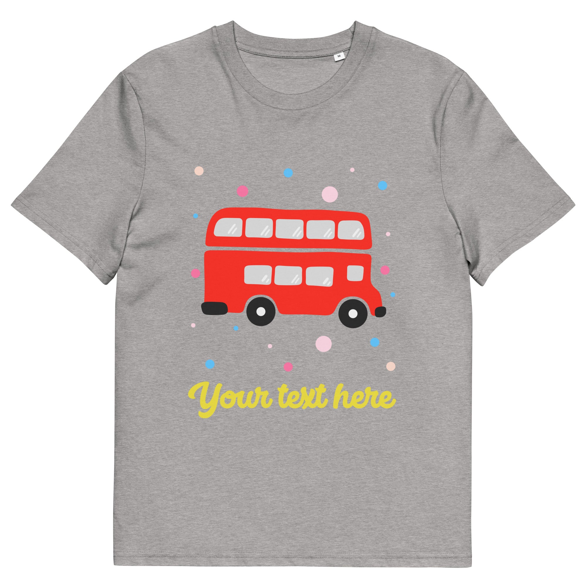 Personalised Custom Text - Organic Cotton Adults Unisex T-Shirt - London Doodles - Red Bus - Heather Grey