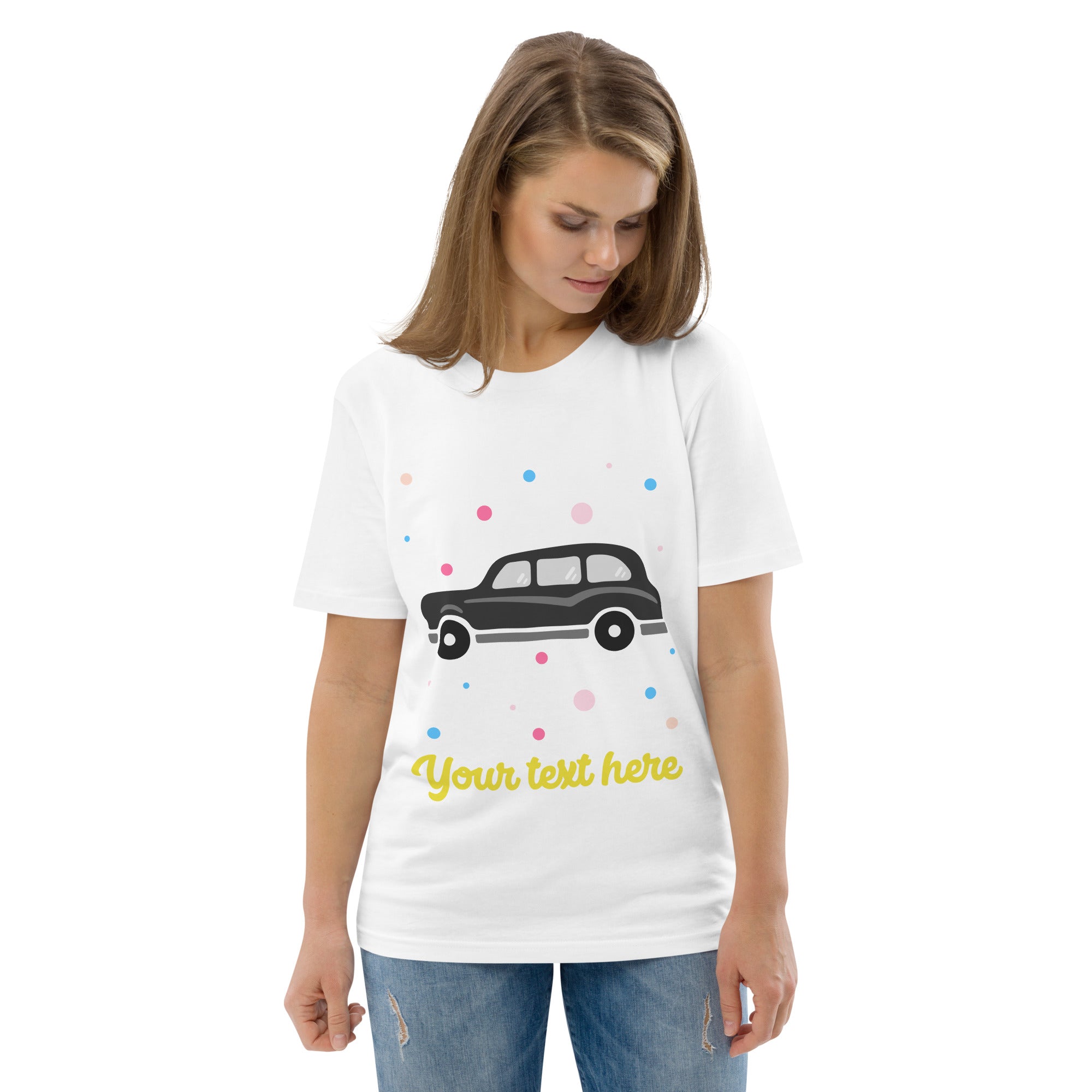 Personalised Custom Text - Organic Cotton Adults Unisex T-Shirt - London Doodles - Black Taxi - White 2