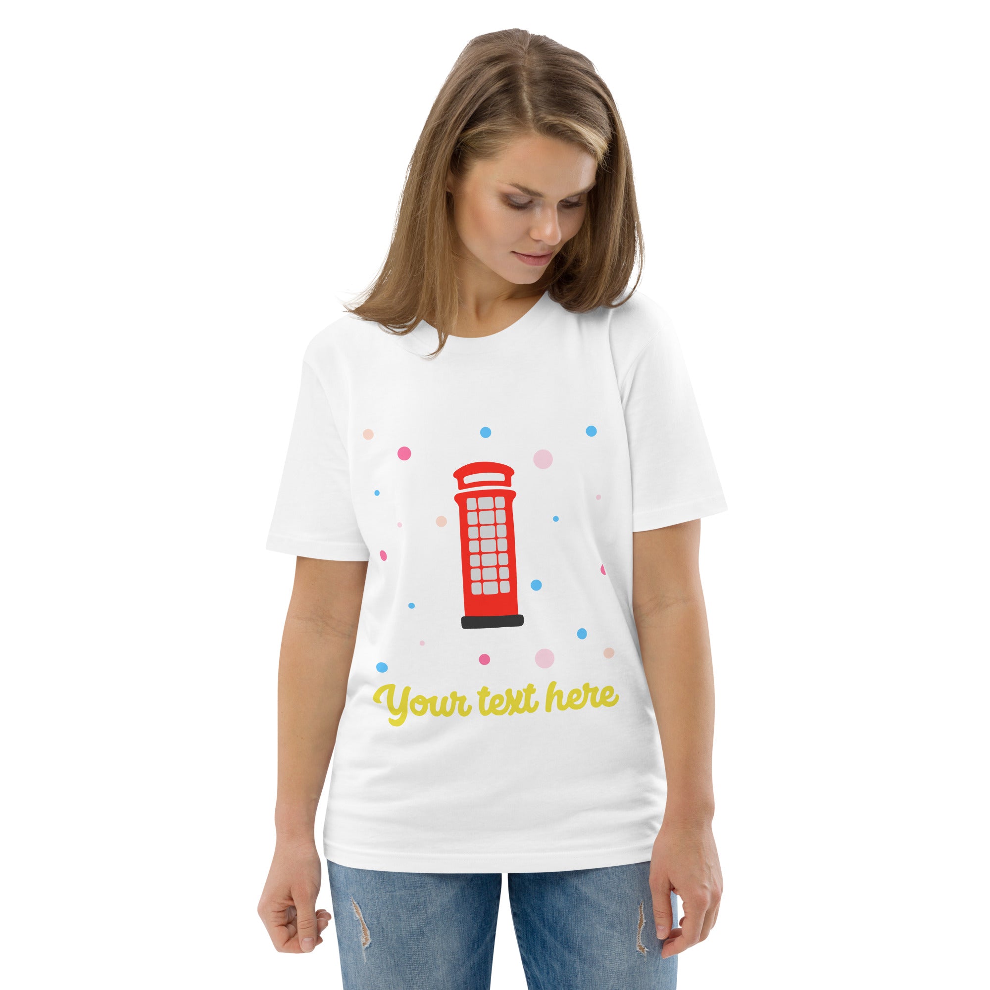 Personalised Custom Text - Organic Cotton Adults Unisex T-Shirt - London Doodles - Telephone Box - White 2