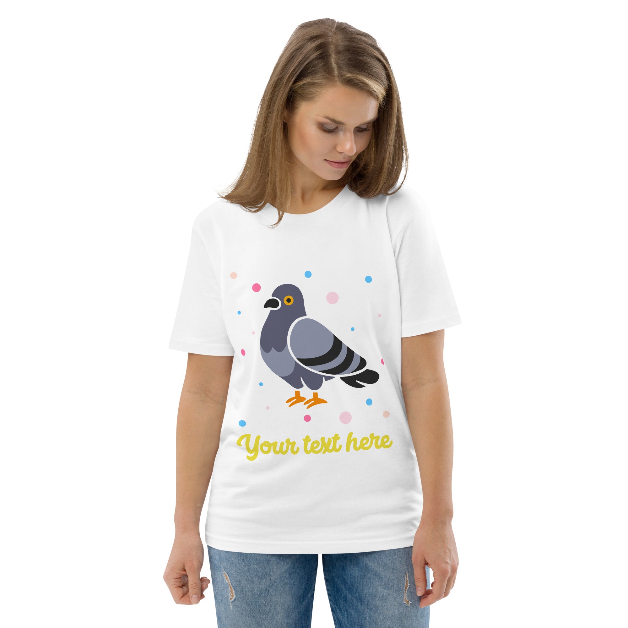 Personalised Custom Text - Organic Cotton Adults Unisex T-Shirt - London Doodles - Pigeon - White 2