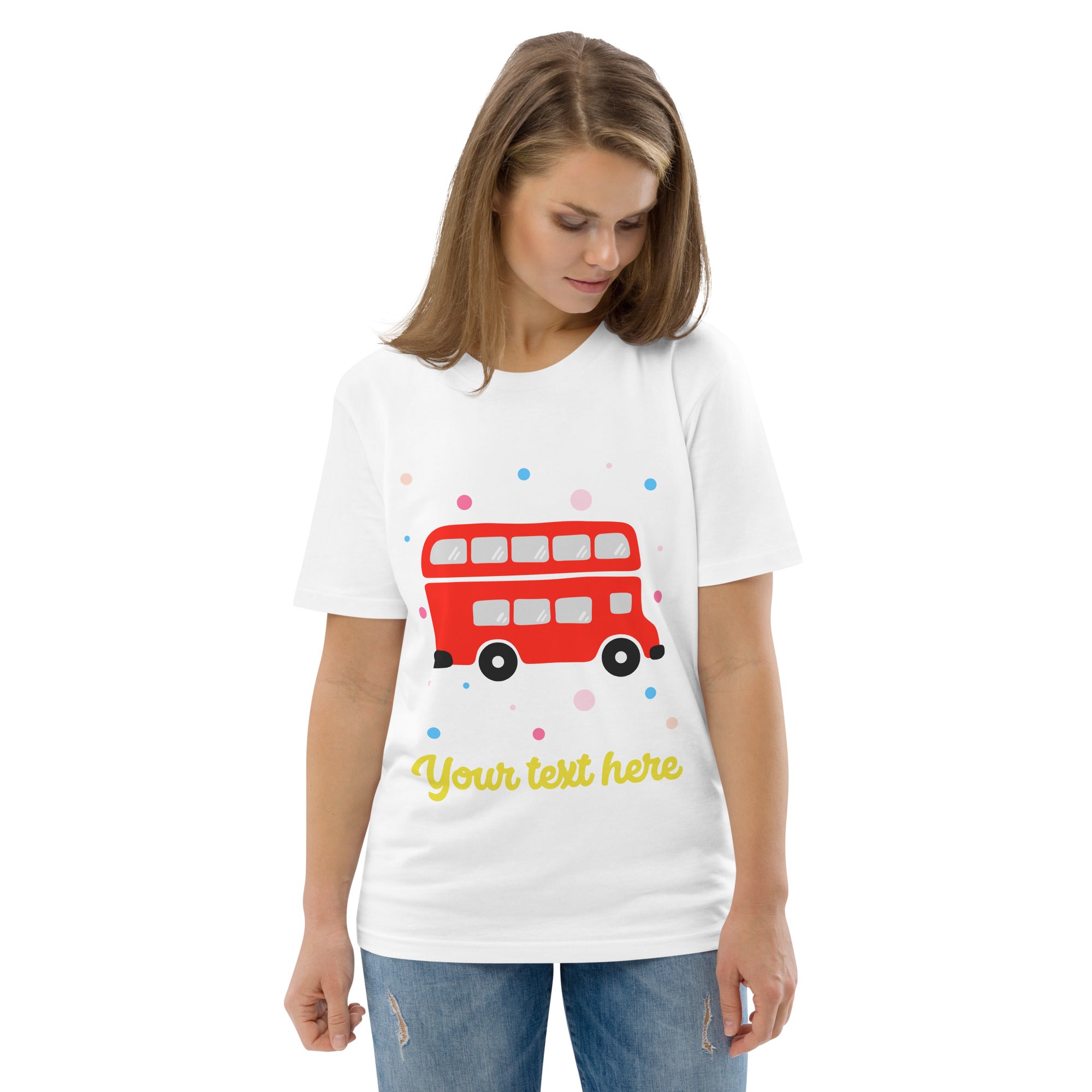Personalised Custom Text - Organic Cotton Adults Unisex T-Shirt - London Doodles - Red Bus - White 2