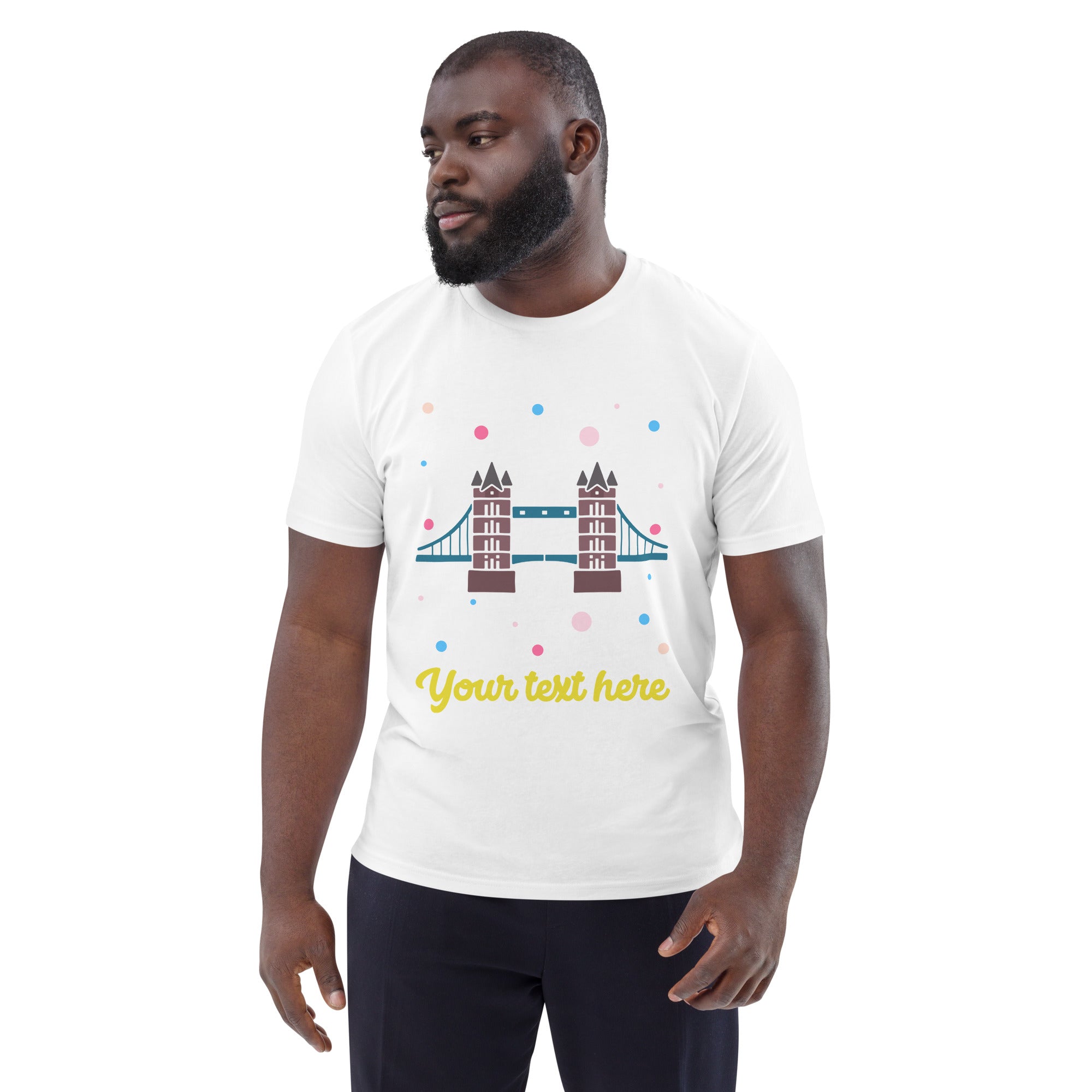 Personalised Custom Text - Organic Cotton Adults Unisex T-Shirt - London Doodles - Tower Bridge - White 2