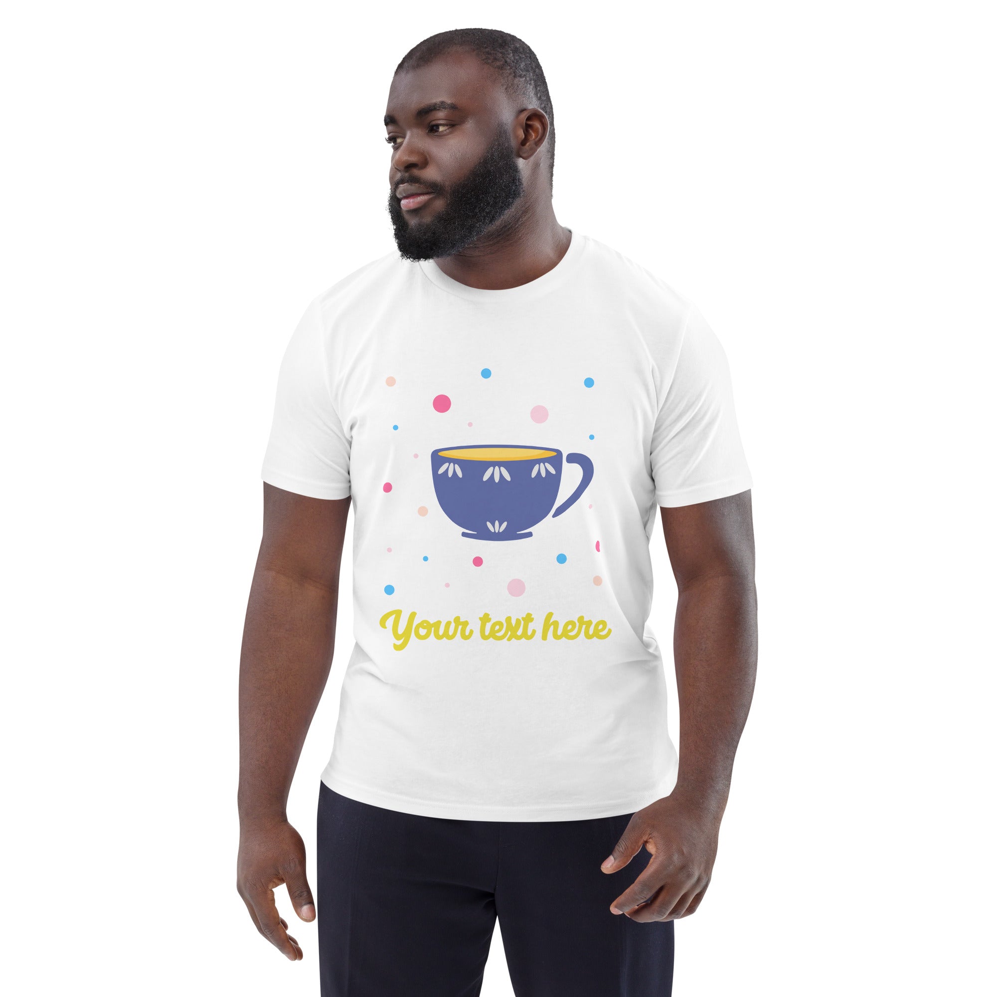 Personalised Custom Text - Organic Cotton Adults Unisex T-Shirt - London Doodles - Cup Of Tea - White 2