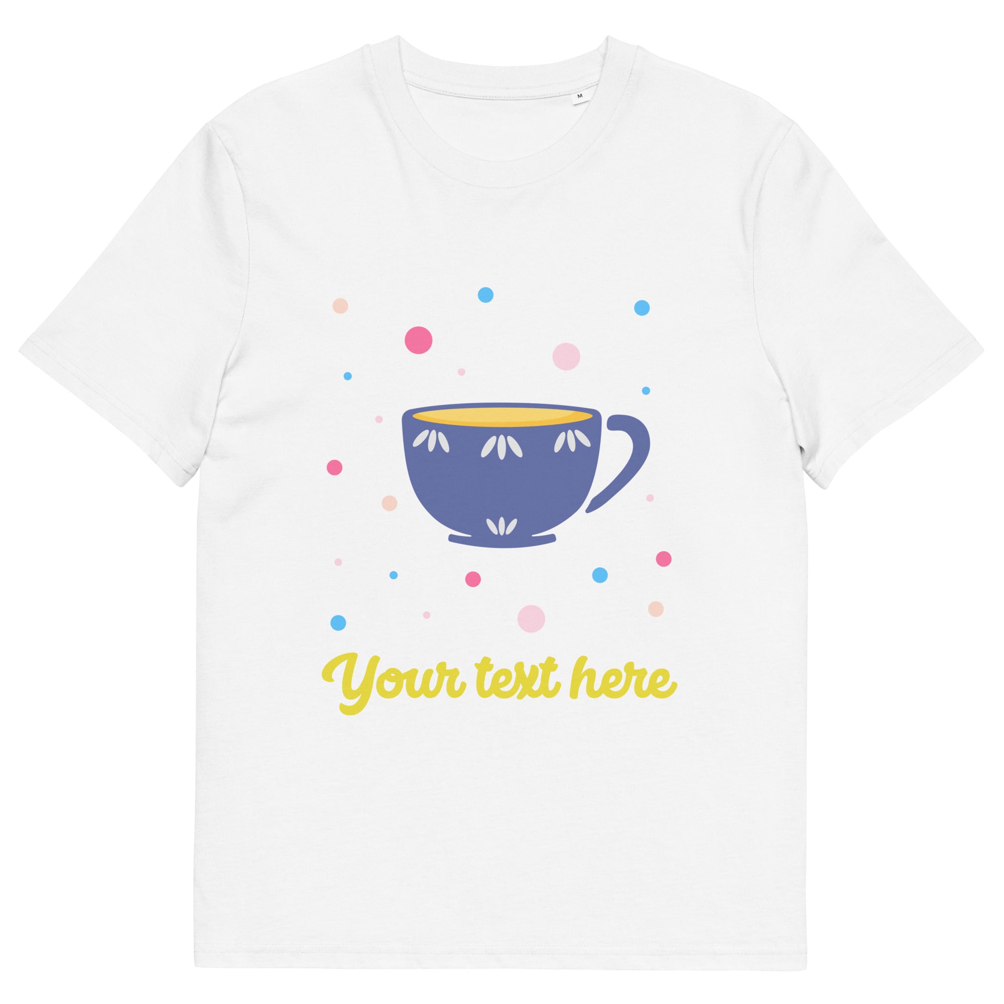 Personalised Custom Text - Organic Cotton Adults Unisex T-Shirt - London Doodles - Cup Of Tea - White