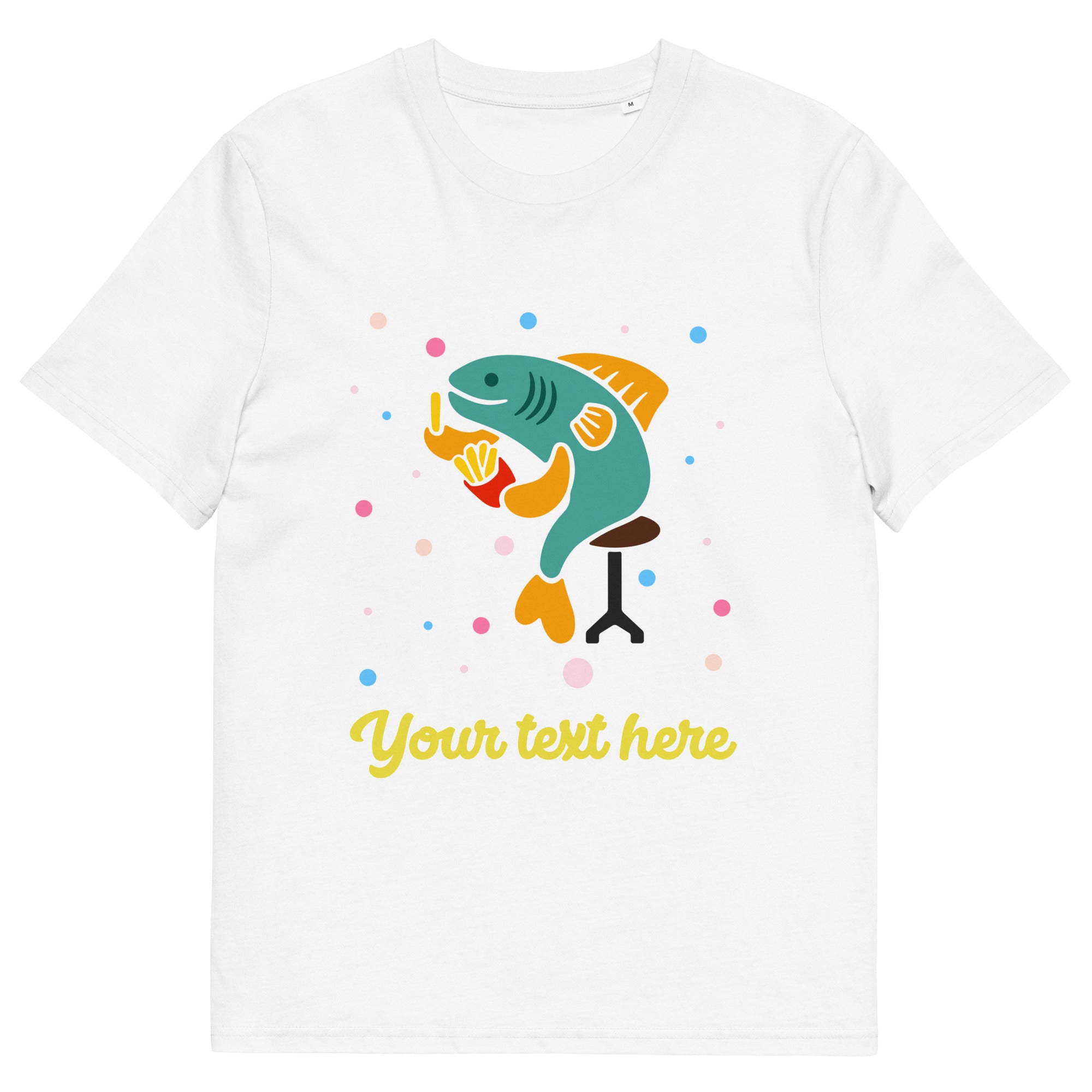 Personalised Custom Text - Organic Cotton Adults Unisex T-Shirt - London Doodles - Fish & Chips - White