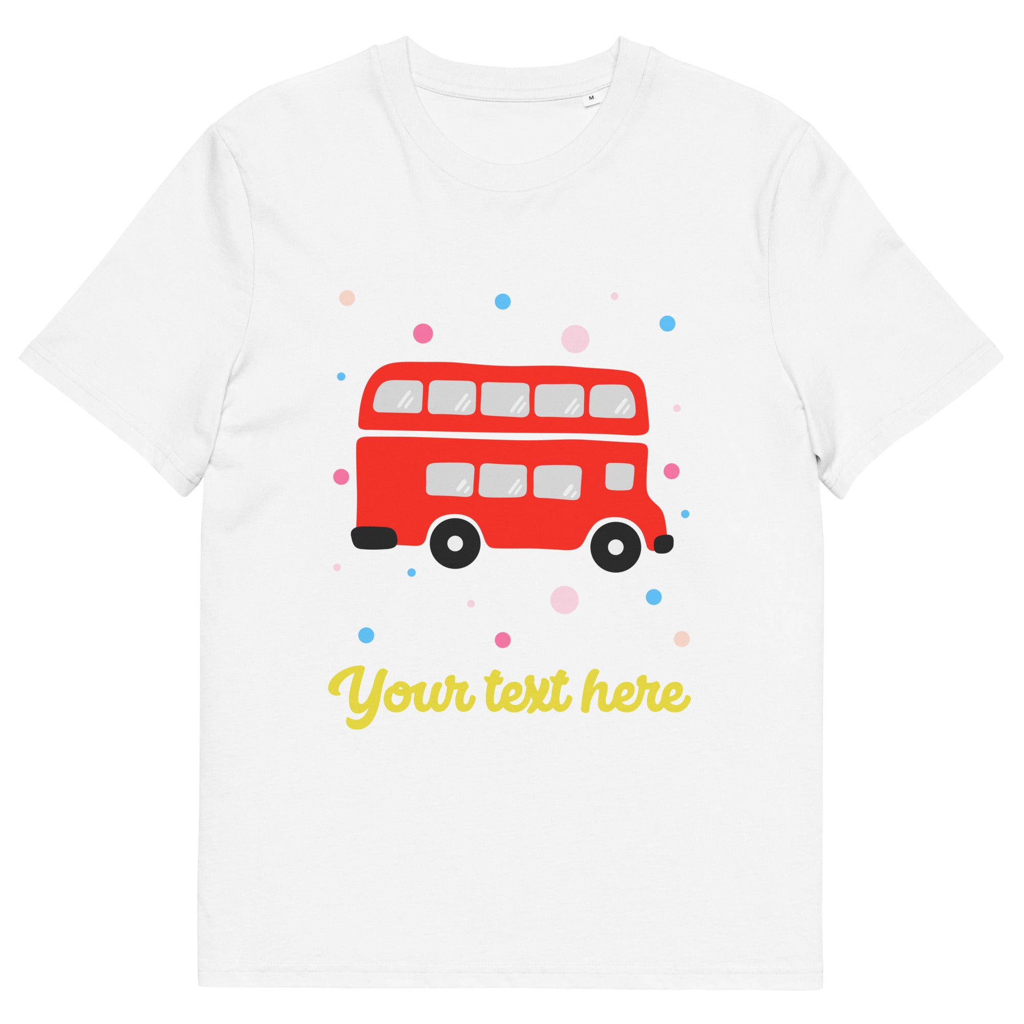 Personalised Custom Text - Organic Cotton Adults Unisex T-Shirt - London Doodles - Red Bus - White
