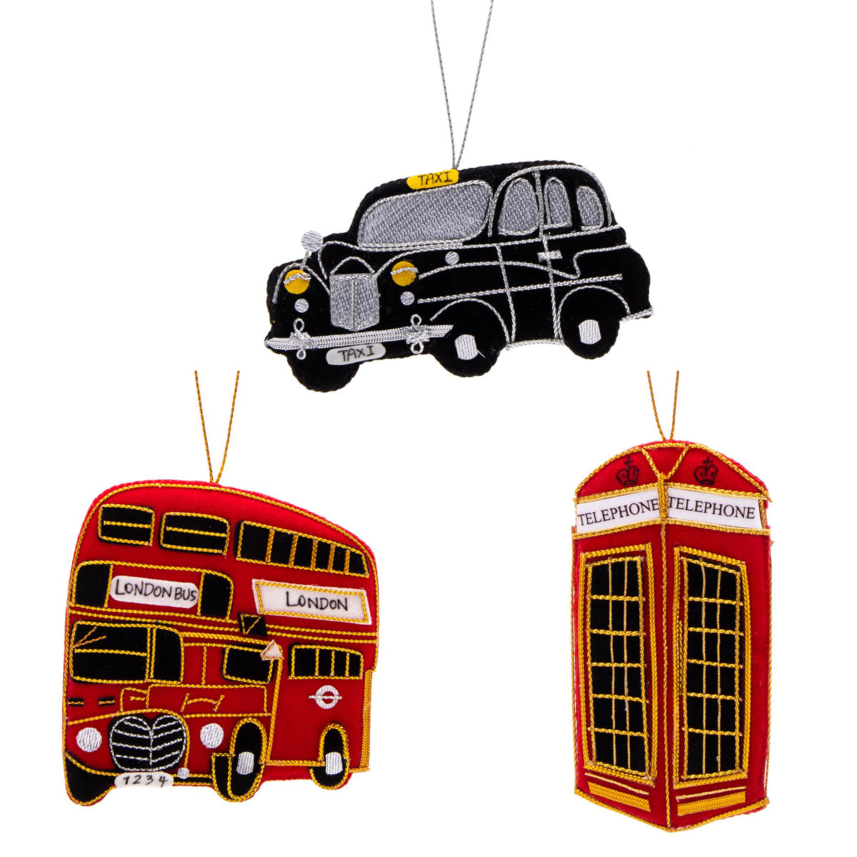 Stitched Christmas Decoration 3 Pack - Telephone / Taxi / Bus